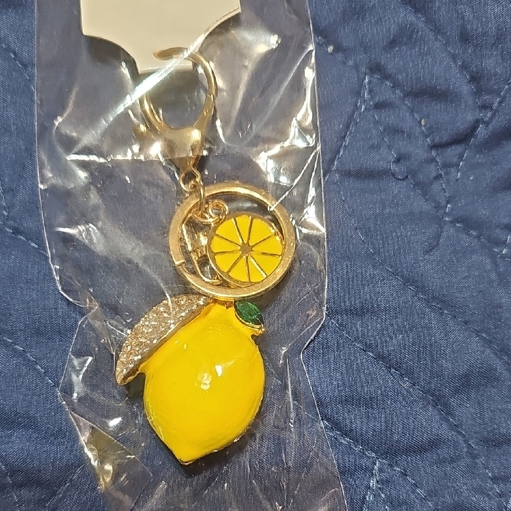 Yellow Lemon Keychain Bag Charm with Gold Accents New